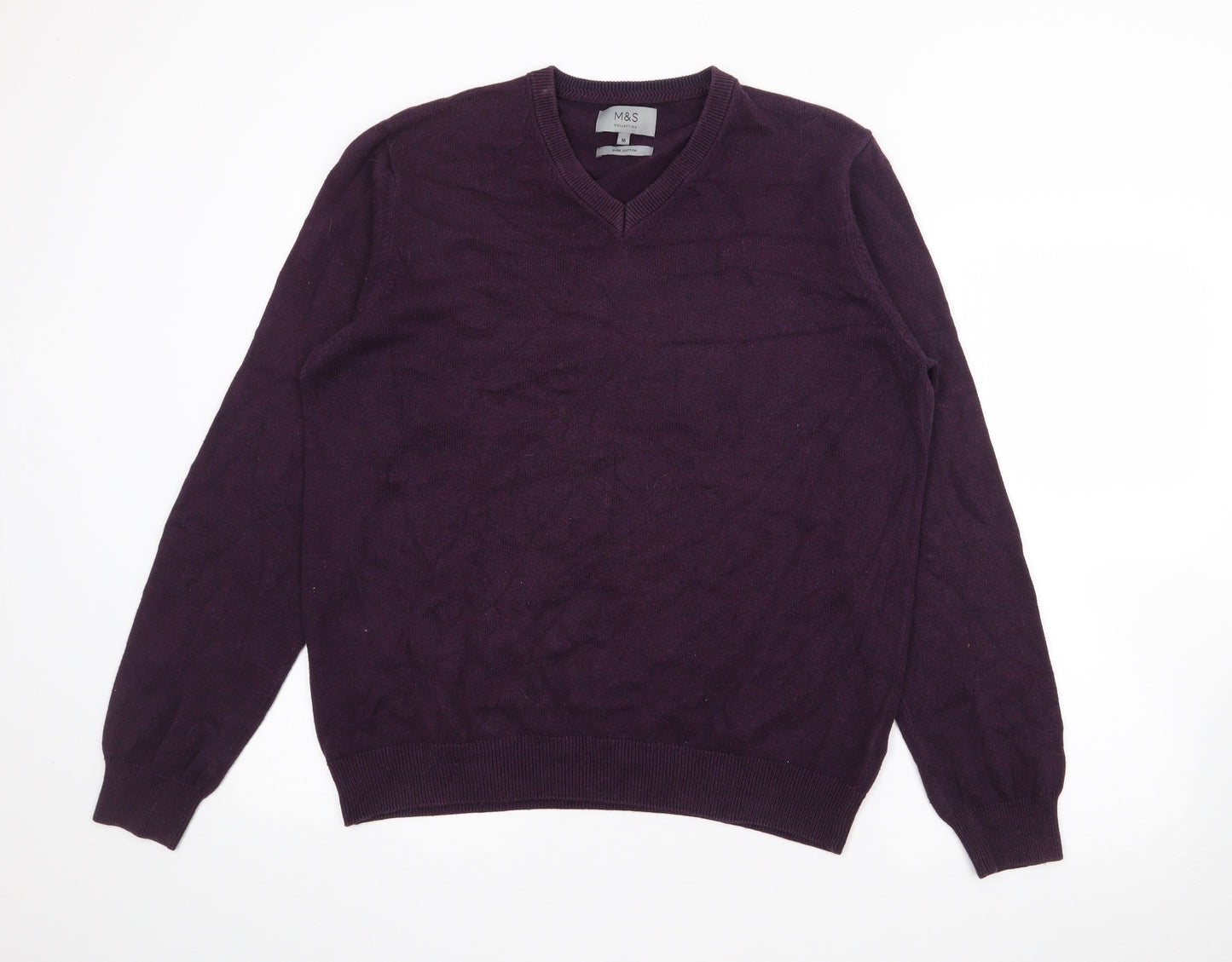 Marks and Spencer Mens Purple V-Neck  Cotton Pullover Jumper Size M