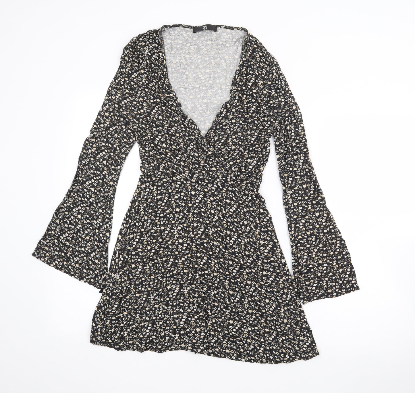 Missguided Womens Black Floral Polyester Wrap Dress  Size 8  V-Neck