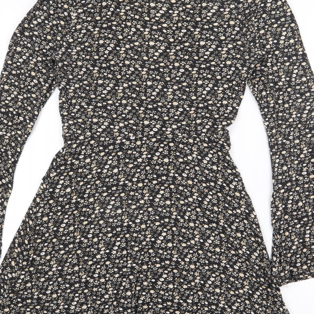 Missguided Womens Black Floral Polyester Wrap Dress  Size 8  V-Neck