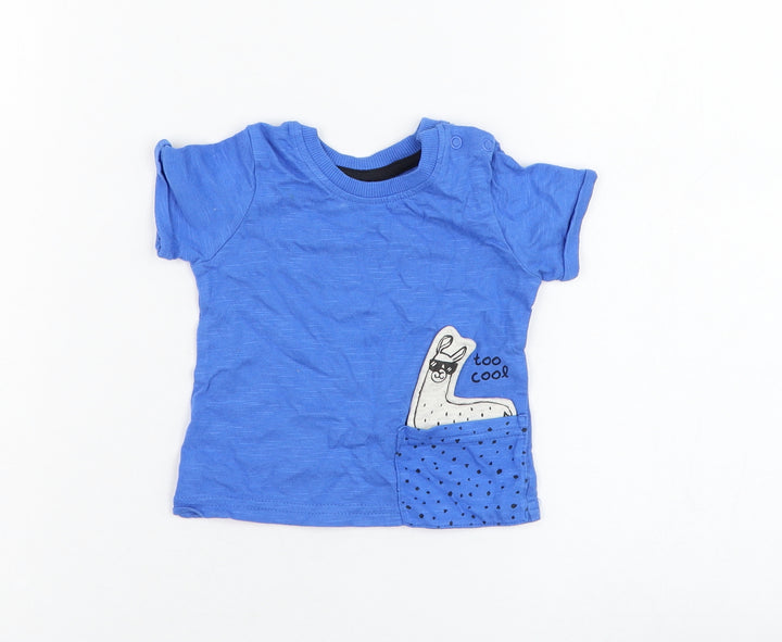 George Boys Blue  Cotton Basic T-Shirt Size 0-3 Months Round Neck Pullover - Llama