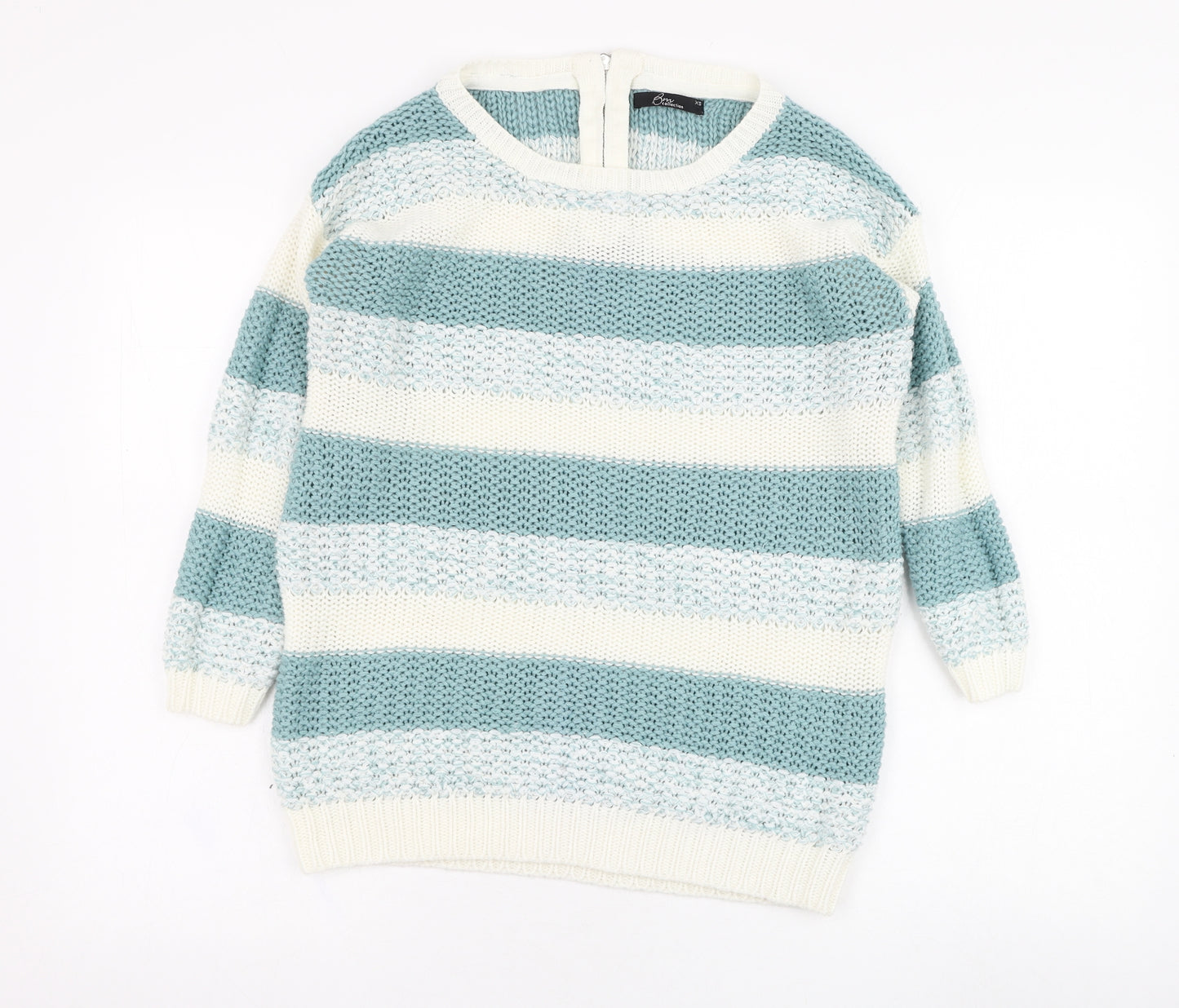 BM Womens Blue Round Neck Striped Acrylic Pullover Jumper Size XS