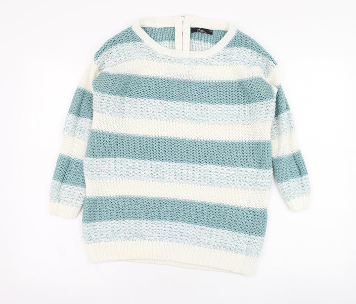 BM Womens Blue Round Neck Striped Acrylic Pullover Jumper Size XS