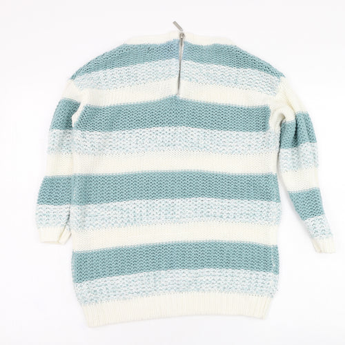 BM Womens Blue Round Neck Striped Acrylic Pullover Jumper Size XS