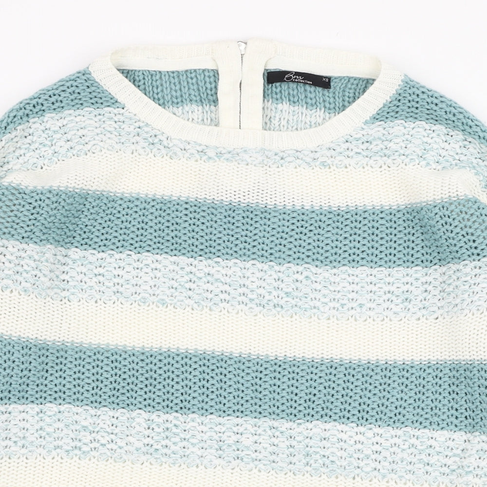 BM Womens Blue Round Neck Striped Acrylic Pullover Jumper Size XS