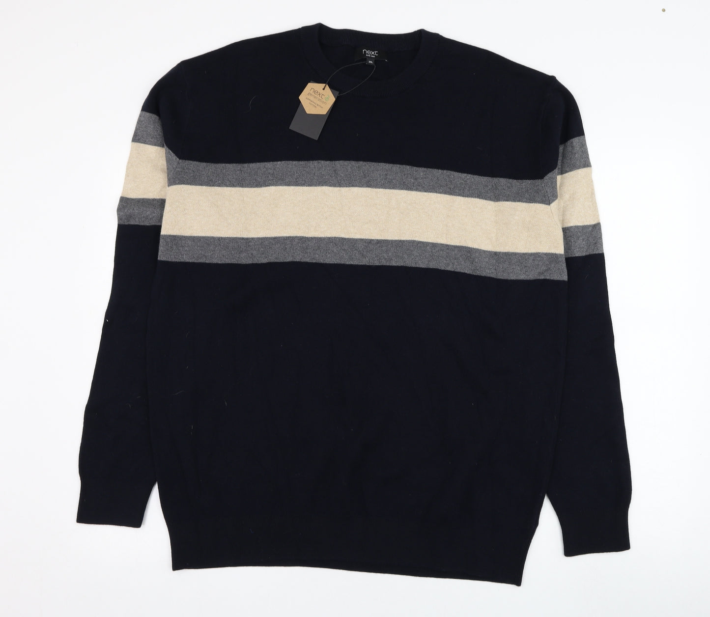 NEXT Mens Blue Round Neck Striped Cotton Pullover Jumper Size 2XL