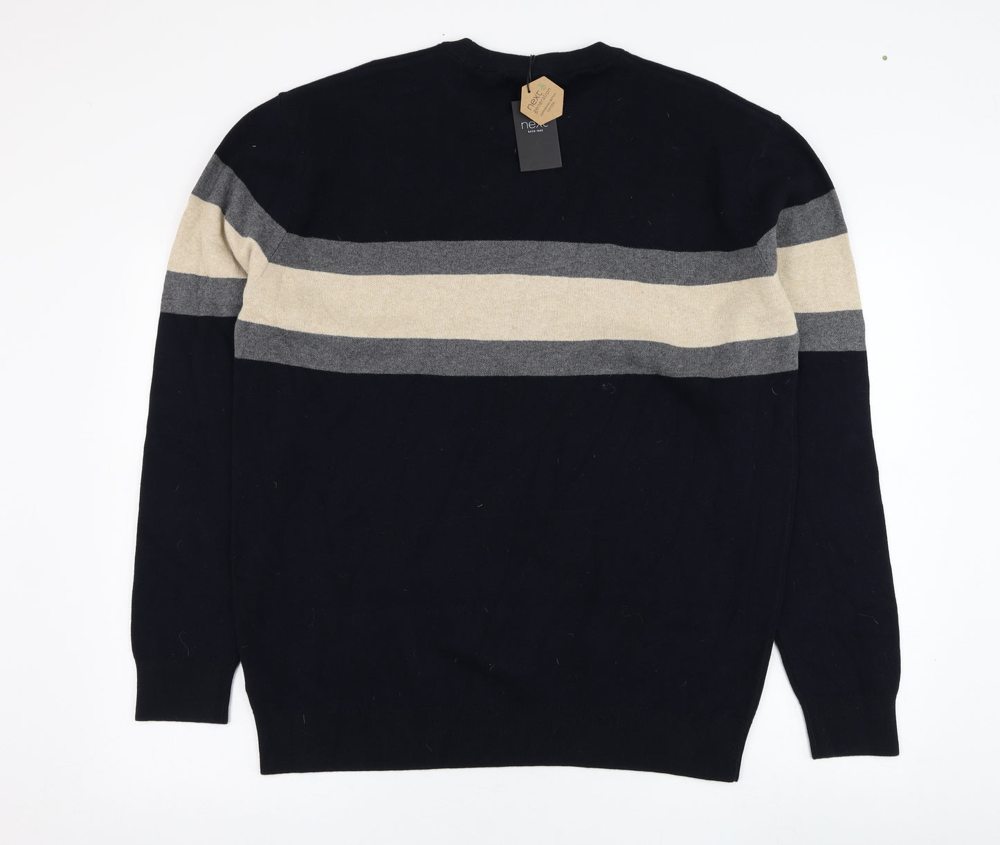 NEXT Mens Blue Round Neck Striped Cotton Pullover Jumper Size 2XL