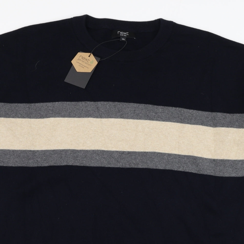 NEXT Mens Blue Round Neck Striped Cotton Pullover Jumper Size 2XL