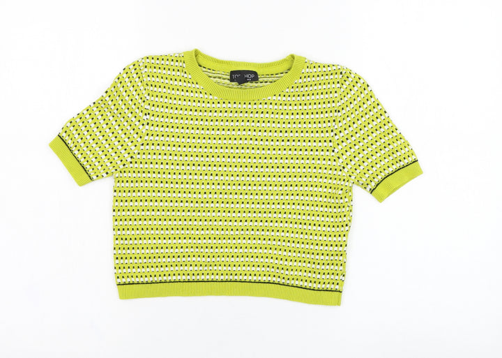 Topshop Womens Yellow Round Neck Houndstooth Cotton Pullover Jumper Size 8