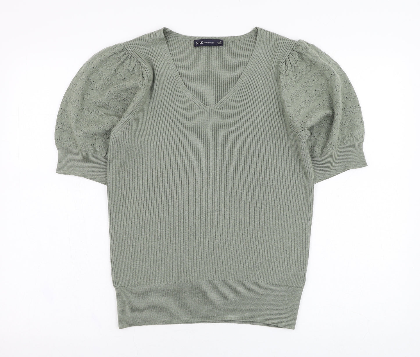 Marks and Spencer Womens Green V-Neck  Acrylic Pullover Jumper Size 14