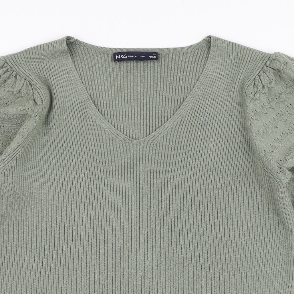 Marks and Spencer Womens Green V-Neck  Acrylic Pullover Jumper Size 14
