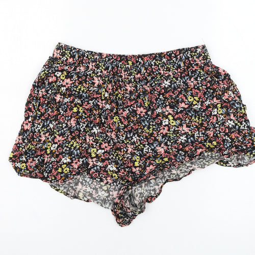 H&M Womens Black Floral Viscose Hot Pants Shorts Size 12 L3 in Regular Pull On