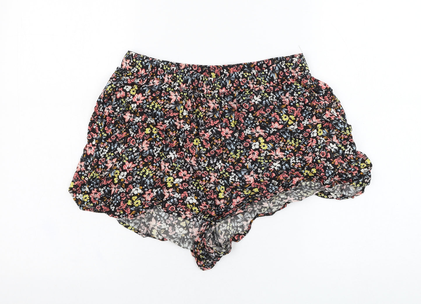 H&M Womens Black Floral Viscose Hot Pants Shorts Size 12 L3 in Regular Pull On