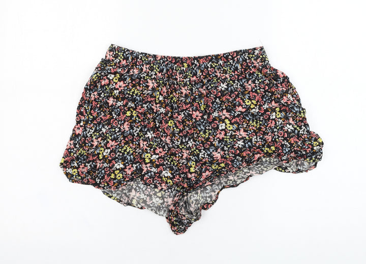 H&M Womens Black Floral Viscose Hot Pants Shorts Size 12 L3 in Regular Pull On