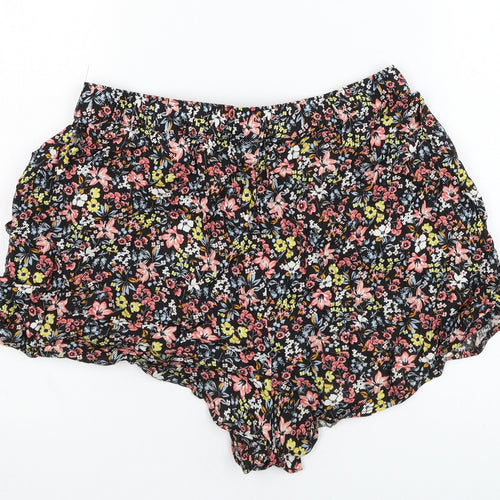 H&M Womens Black Floral Viscose Hot Pants Shorts Size 12 L3 in Regular Pull On