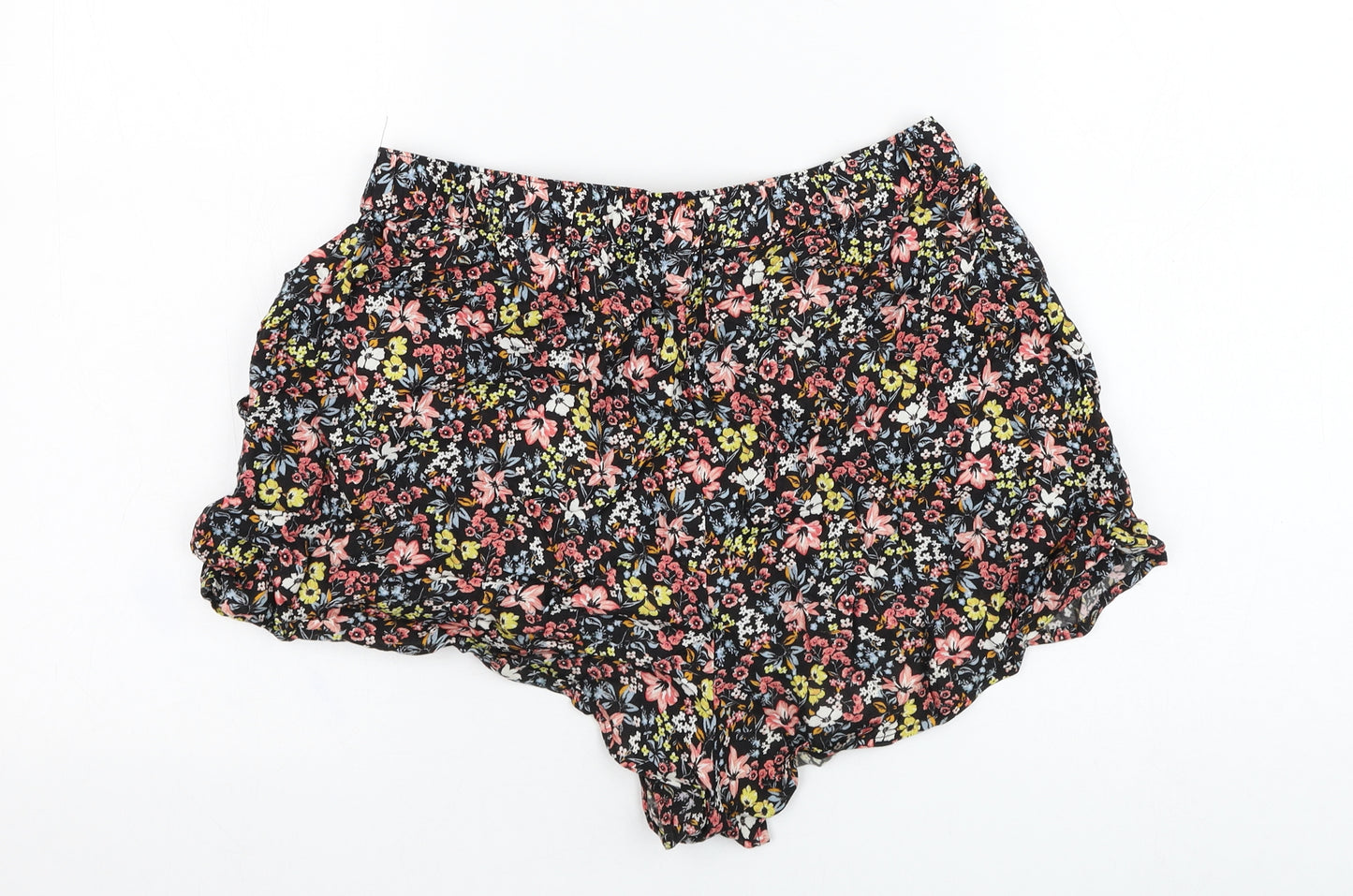 H&M Womens Black Floral Viscose Hot Pants Shorts Size 12 L3 in Regular Pull On