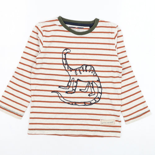 NEXT Boys Ivory Striped Cotton Basic T-Shirt Size 3-4 Years Round Neck Pullover - Dinosaur