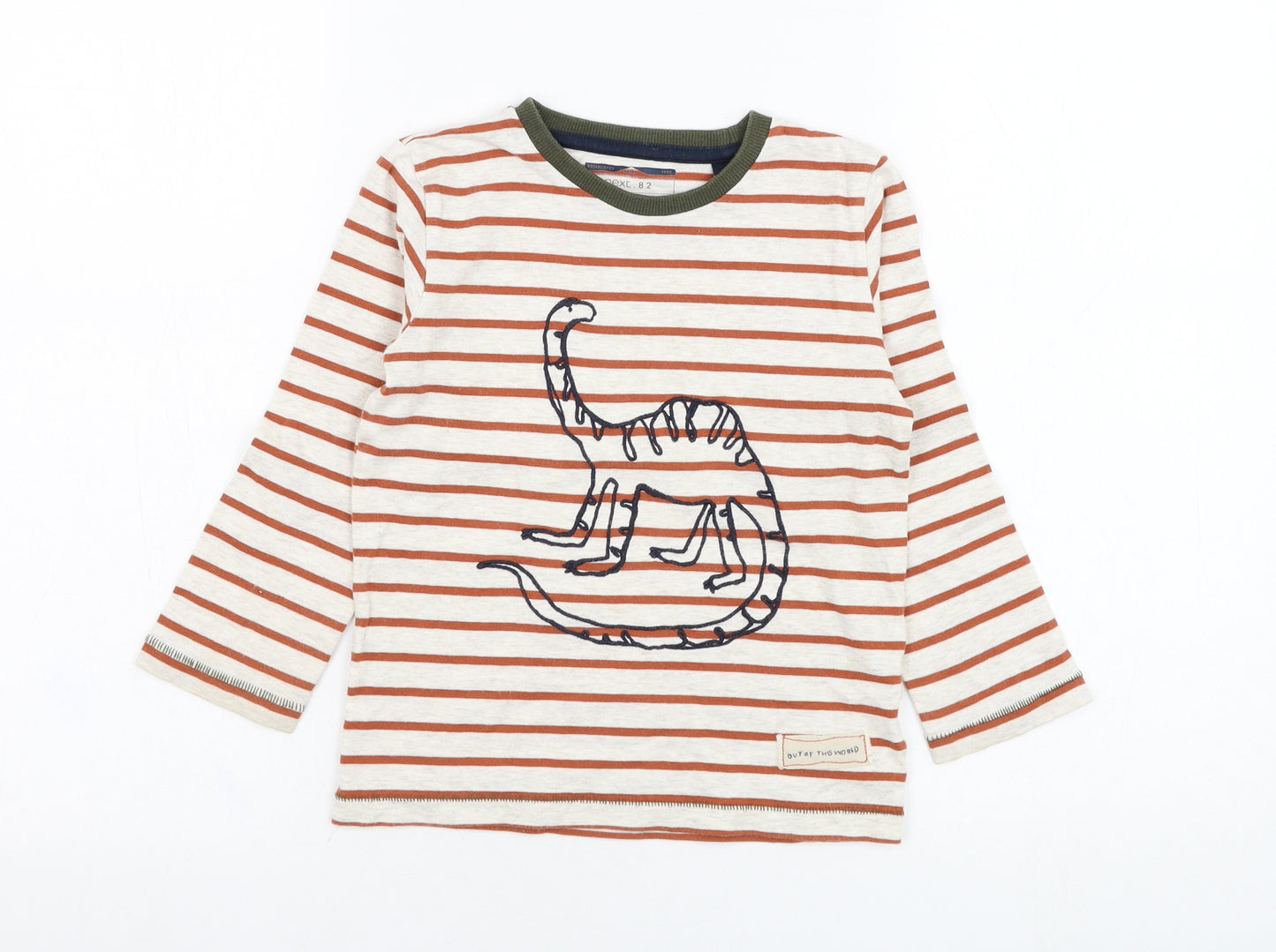 NEXT Boys Ivory Striped Cotton Basic T-Shirt Size 3-4 Years Round Neck Pullover - Dinosaur