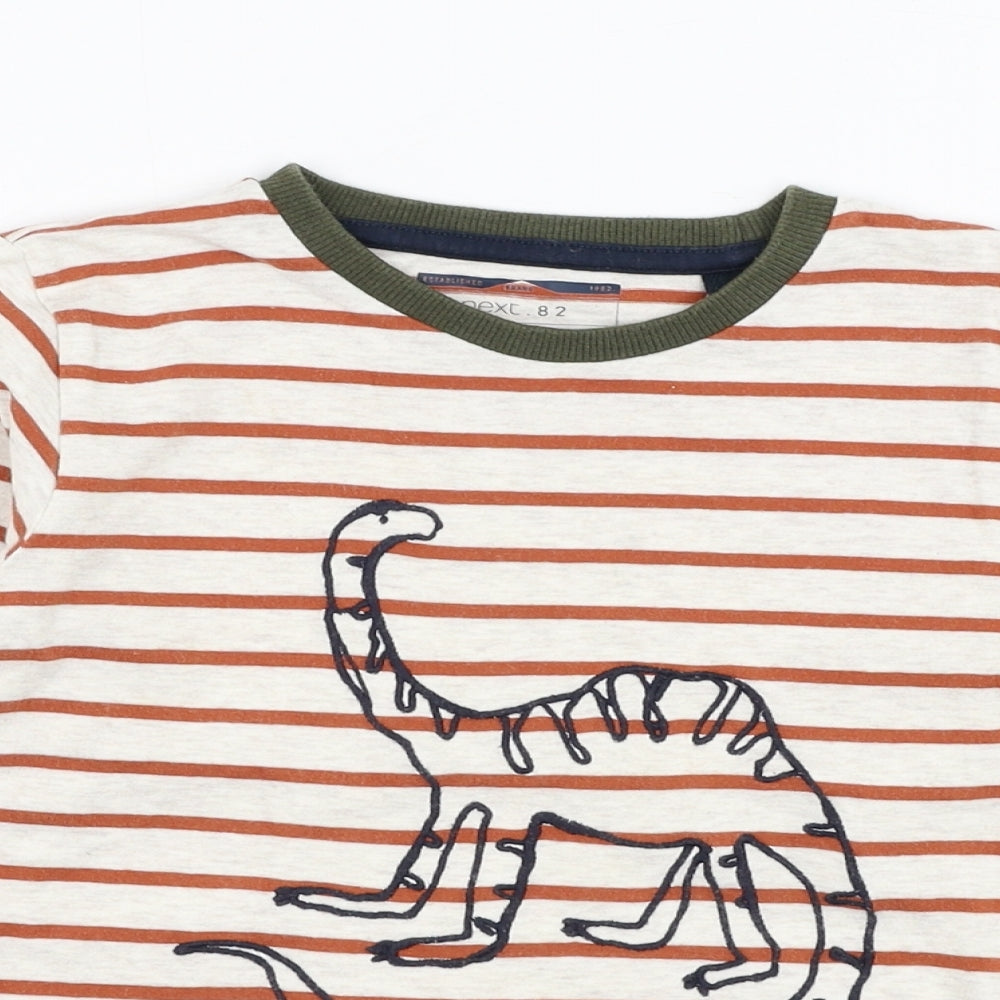 NEXT Boys Ivory Striped Cotton Basic T-Shirt Size 3-4 Years Round Neck Pullover - Dinosaur