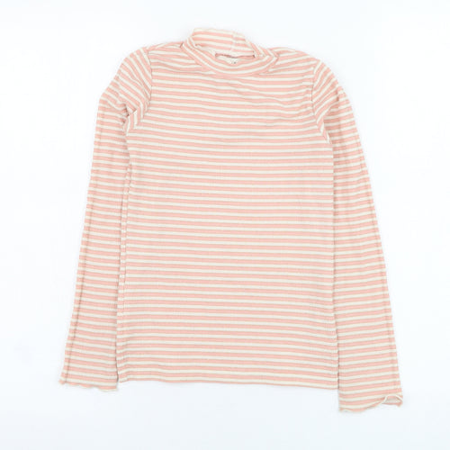 F&F Girls Pink Striped Viscose Basic T-Shirt Size 9-10 Years Round Neck Pullover