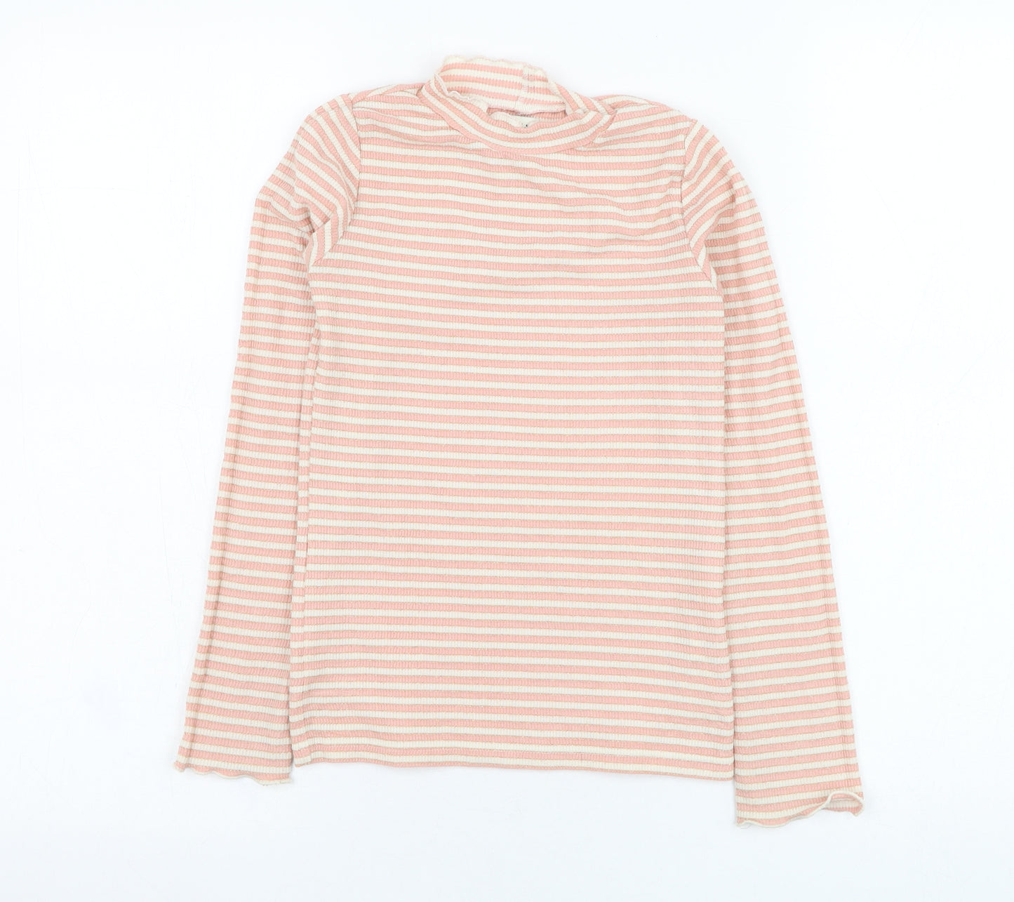 F&F Girls Pink Striped Viscose Basic T-Shirt Size 9-10 Years Round Neck Pullover