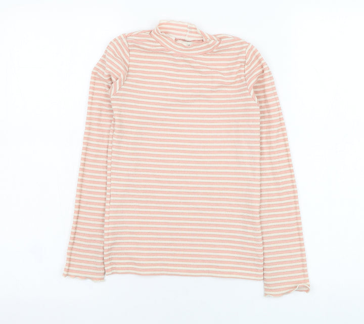 F&F Girls Pink Striped Viscose Basic T-Shirt Size 9-10 Years Round Neck Pullover