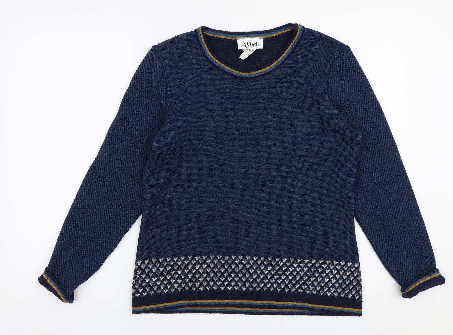 Afibel Womens Blue Round Neck  Wool Pullover Jumper Size 10