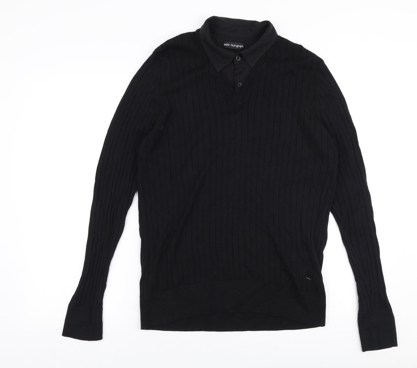 Marks and Spencer Mens Black Collared  Cotton Pullover Jumper Size M