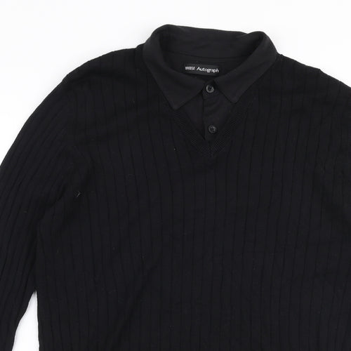 Marks and Spencer Mens Black Collared  Cotton Pullover Jumper Size M