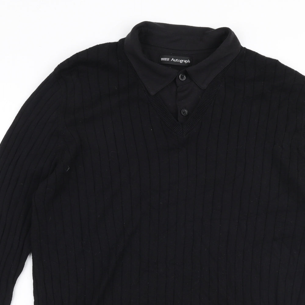 Marks and Spencer Mens Black Collared  Cotton Pullover Jumper Size M