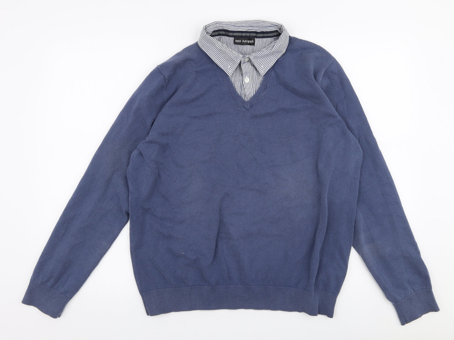 Marks and Spencer Mens Blue Collared  Cotton Pullover Jumper Size L