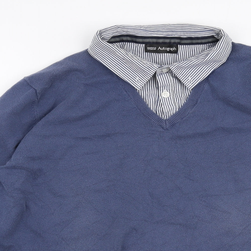 Marks and Spencer Mens Blue Collared  Cotton Pullover Jumper Size L