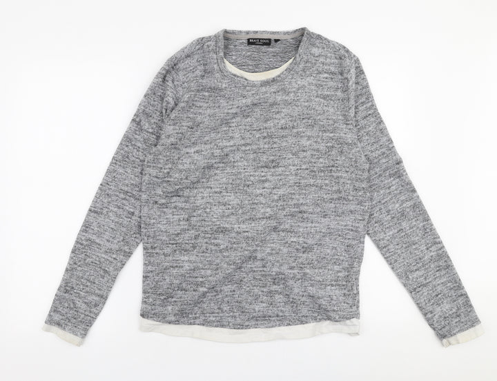 Brave Soul Mens Grey Round Neck Polyester Pullover Jumper Size L