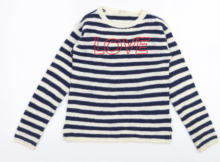 H&M Girls Multicoloured Round Neck Striped Acrylic Pullover Jumper Size 11-12 Years Pullover - Love
