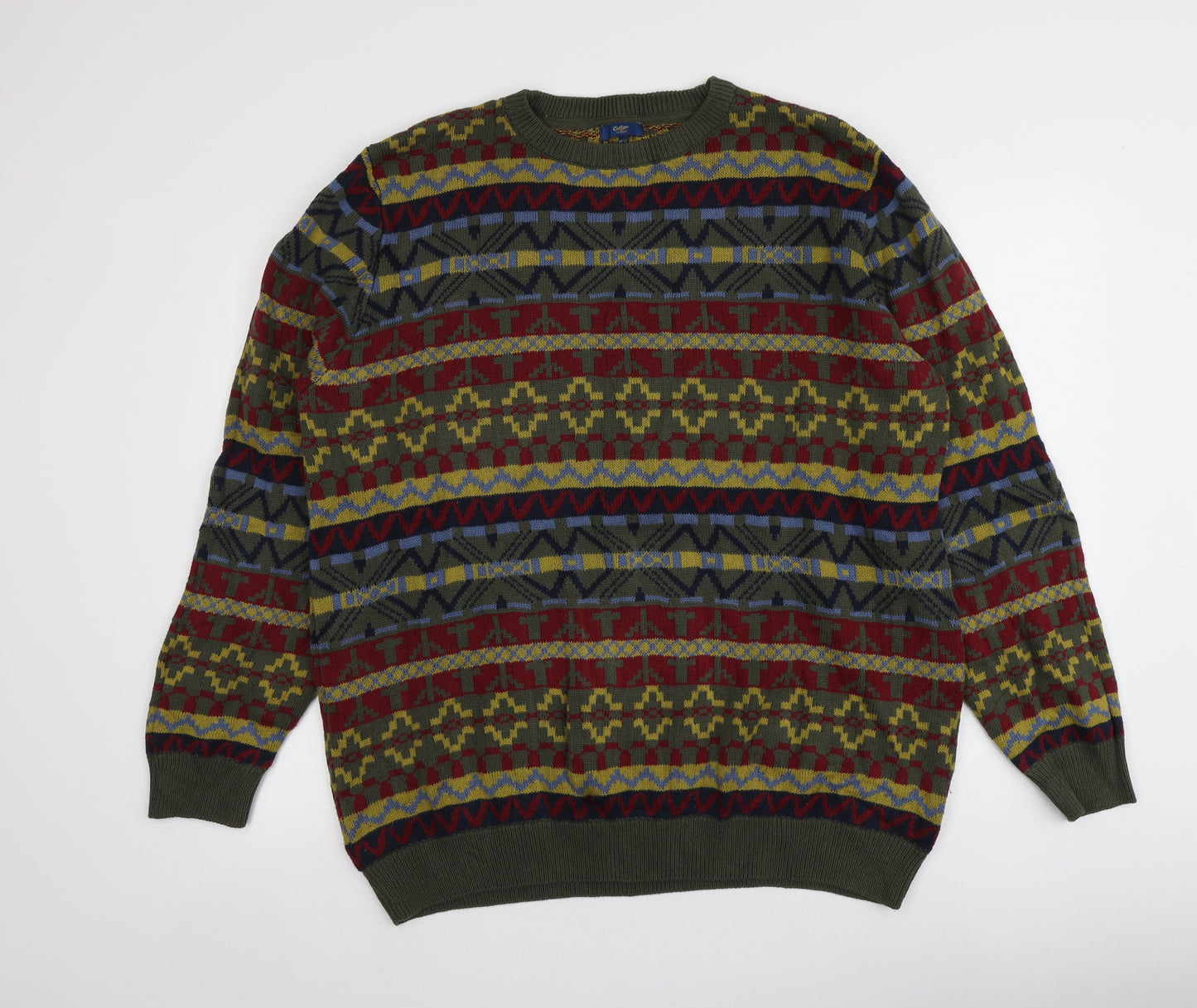 Cotton Traders Mens Green Round Neck Geometric Cotton Pullover Jumper Size XL