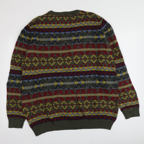 Cotton Traders Mens Green Round Neck Geometric Cotton Pullover Jumper Size XL