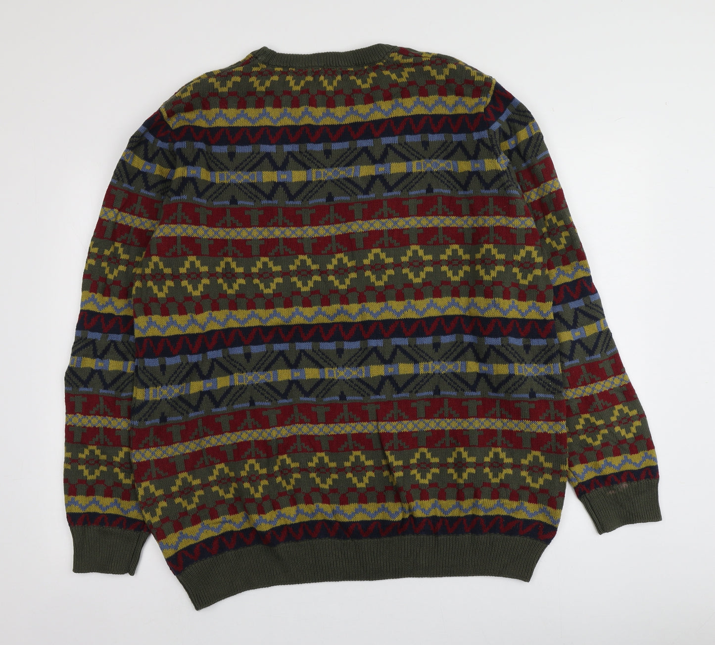 Cotton Traders Mens Green Round Neck Geometric Cotton Pullover Jumper Size XL
