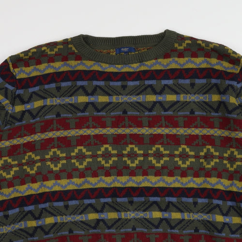 Cotton Traders Mens Green Round Neck Geometric Cotton Pullover Jumper Size XL