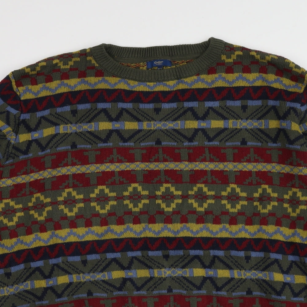 Cotton Traders Mens Green Round Neck Geometric Cotton Pullover Jumper Size XL