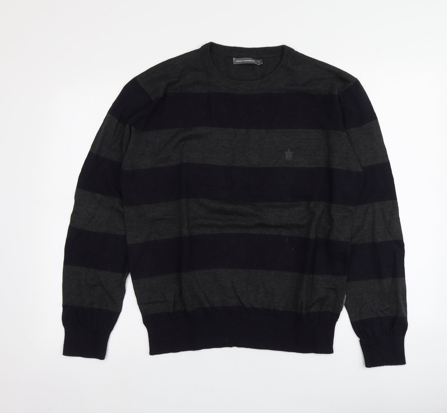 French Connection Mens Grey Round Neck Striped Cotton Pullover Jumper Size XL