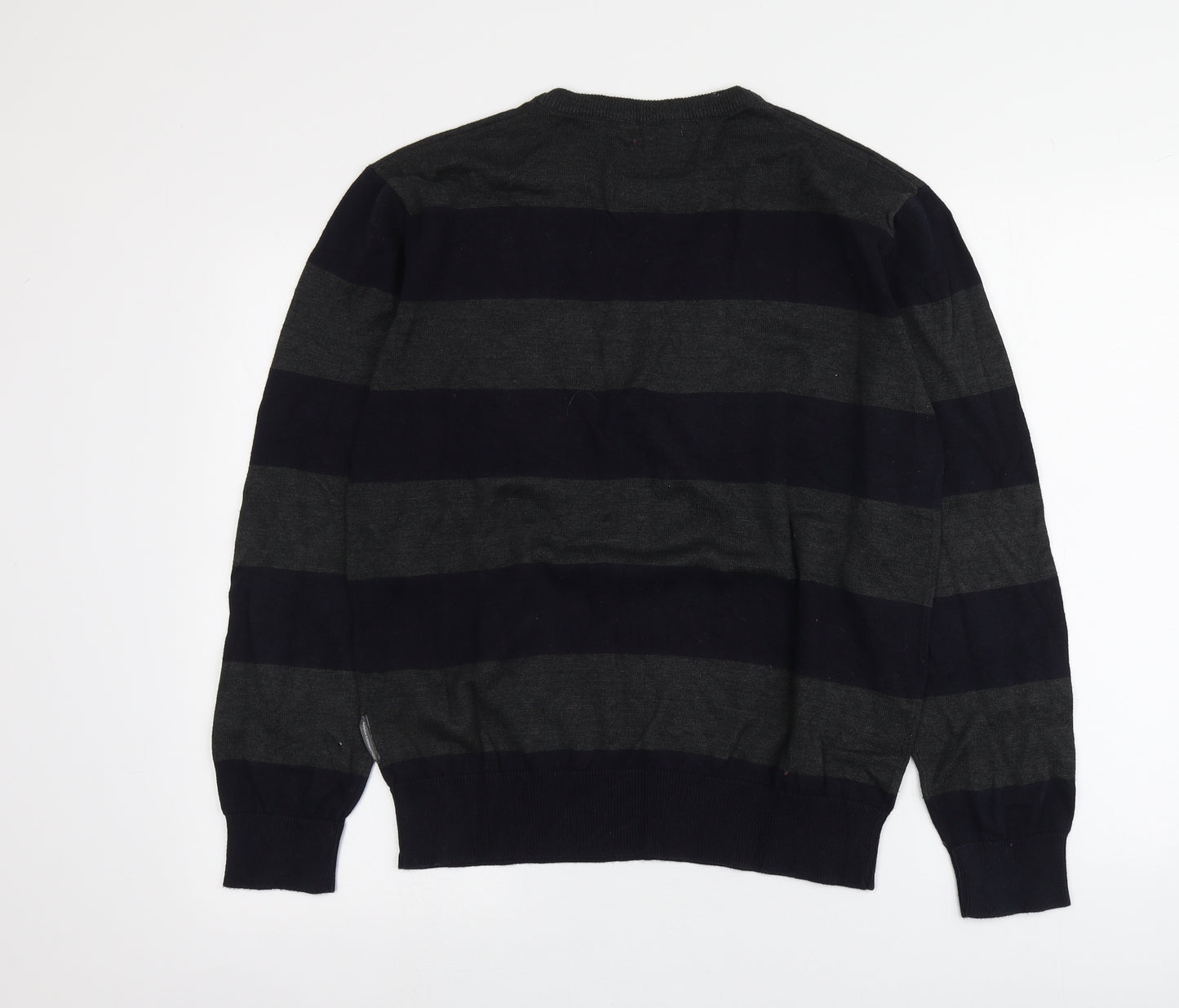 French Connection Mens Grey Round Neck Striped Cotton Pullover Jumper Size XL