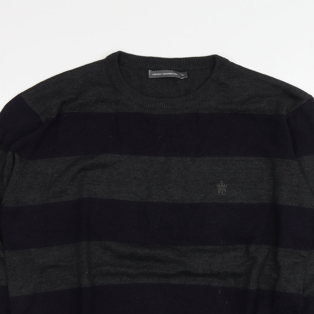 French Connection Mens Grey Round Neck Striped Cotton Pullover Jumper Size XL