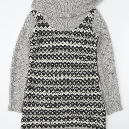 Ken Womens Grey Roll Neck Geometric Acrylic Pullover Jumper Size XS