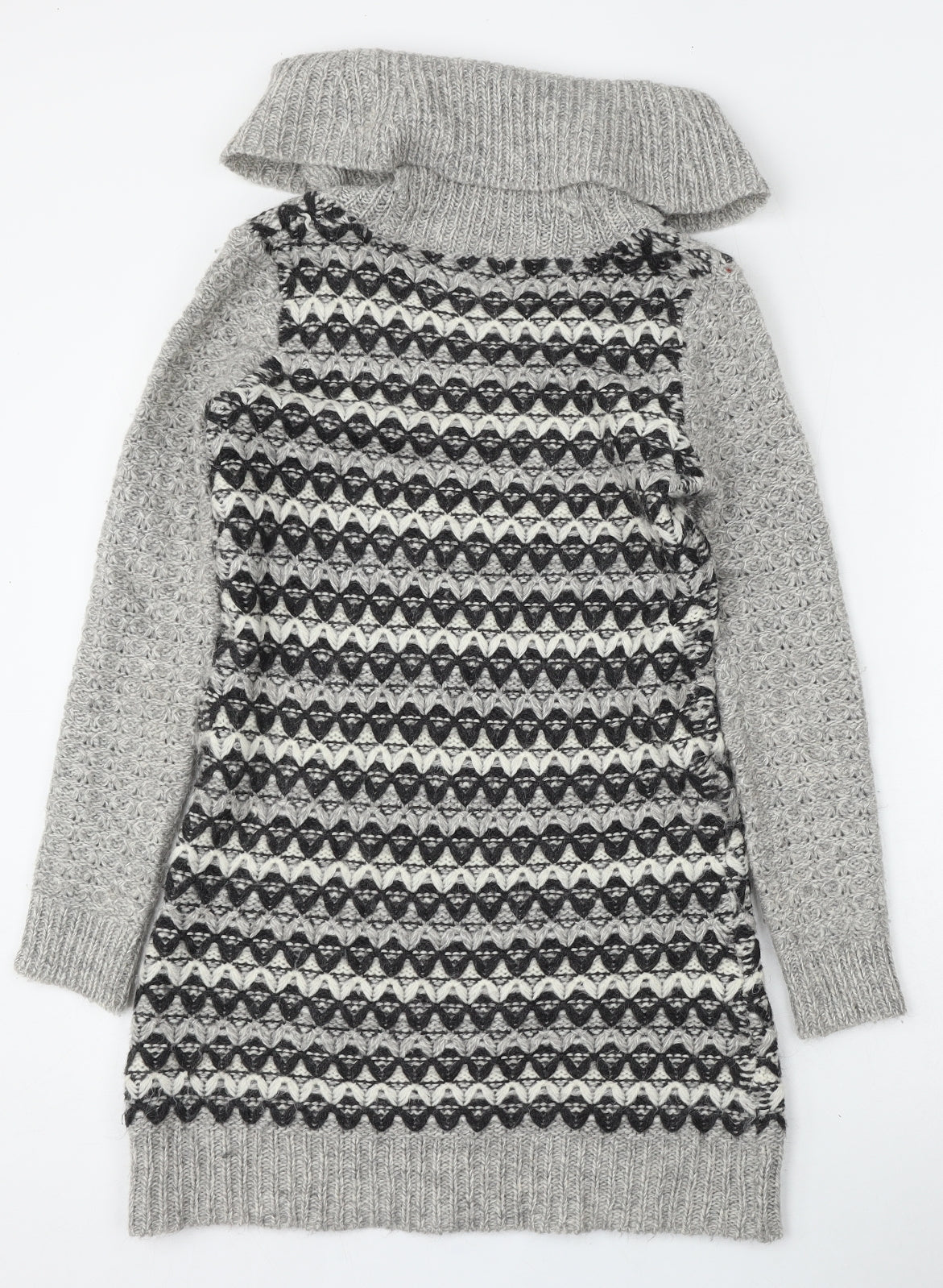 Ken Womens Grey Roll Neck Geometric Acrylic Pullover Jumper Size XS