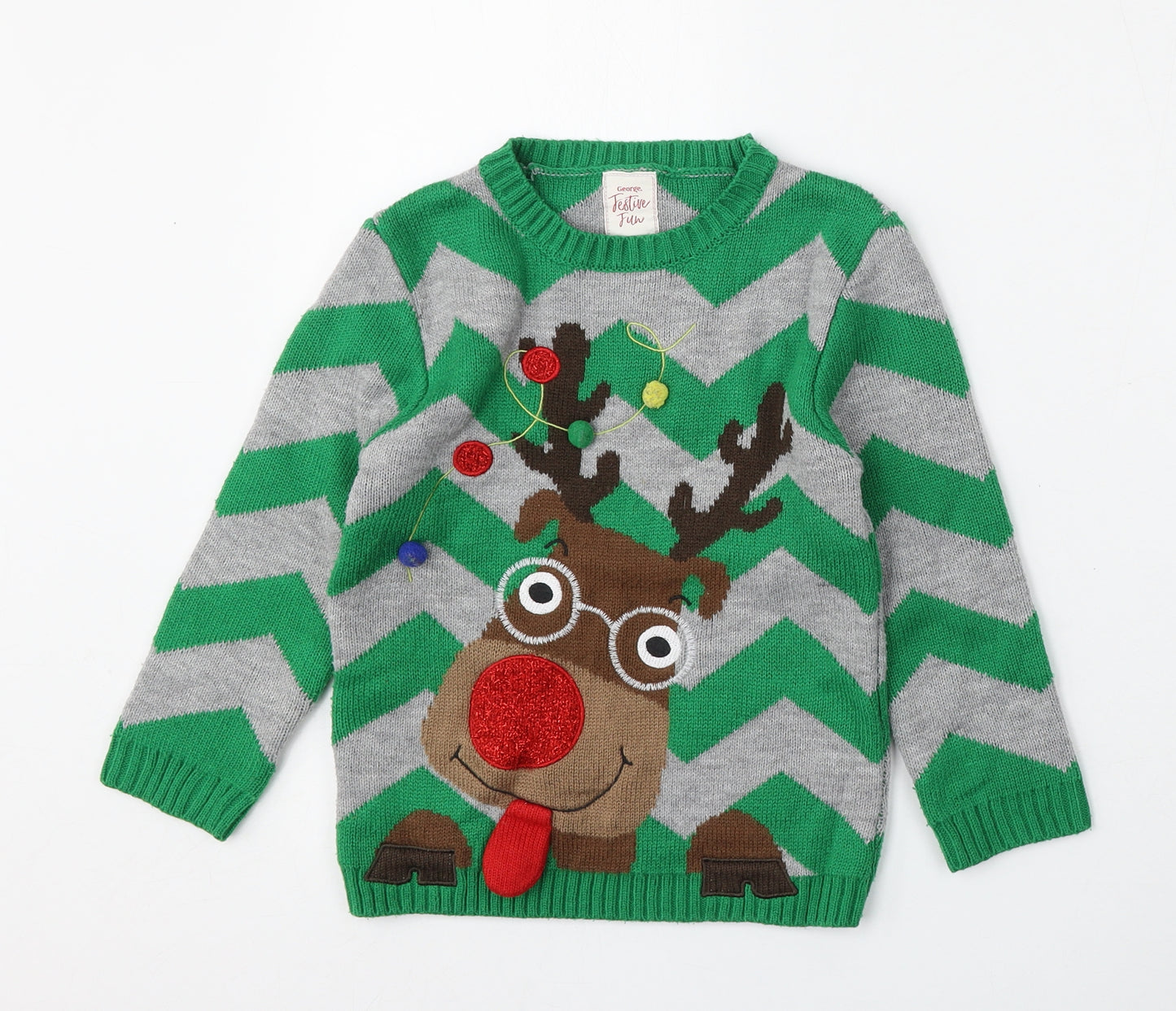 George Boys Green Round Neck Geometric Acrylic Pullover Jumper Size 5-6 Years   - Christmas