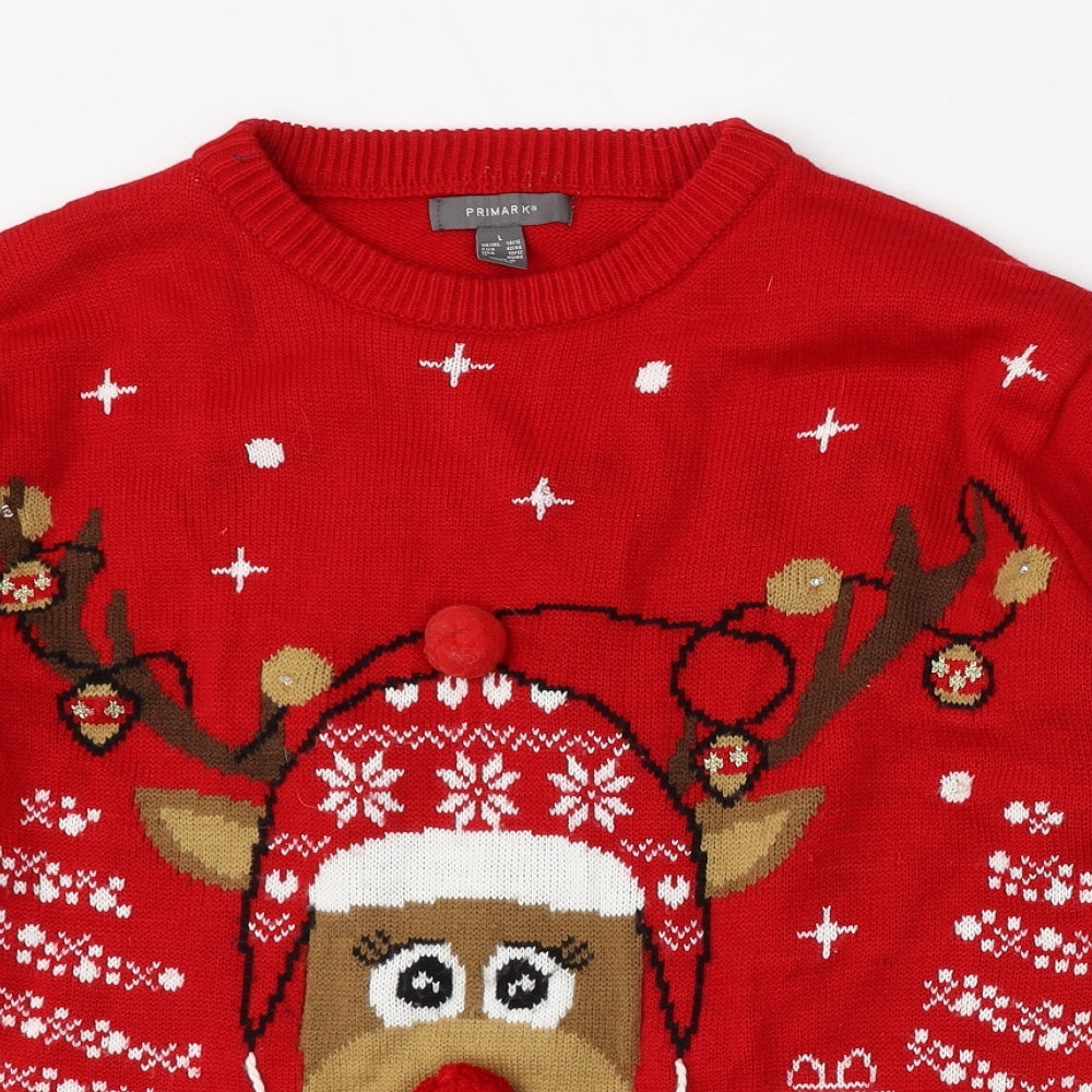 Primark Womens Red Round Neck  Acrylic Pullover Jumper Size L   - Christmas