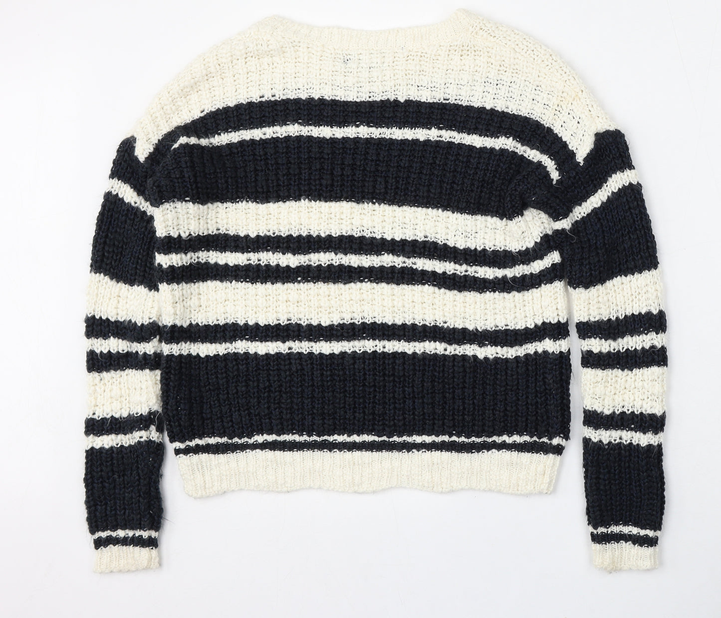 New Look Womens White Round Neck Striped Acrylic Pullover Jumper Size 8