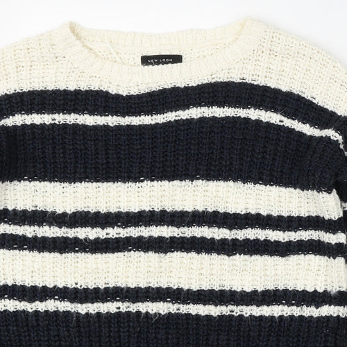 New Look Womens White Round Neck Striped Acrylic Pullover Jumper Size 8