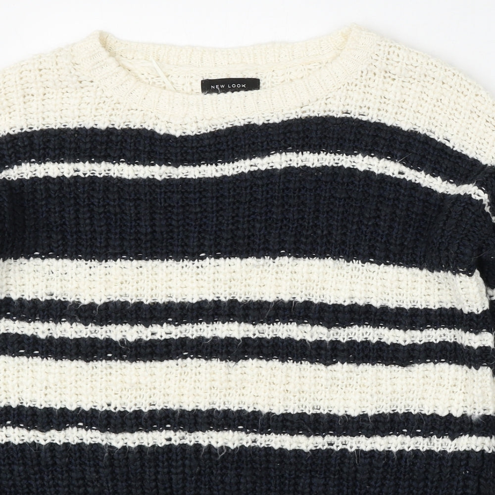 New Look Womens White Round Neck Striped Acrylic Pullover Jumper Size 8