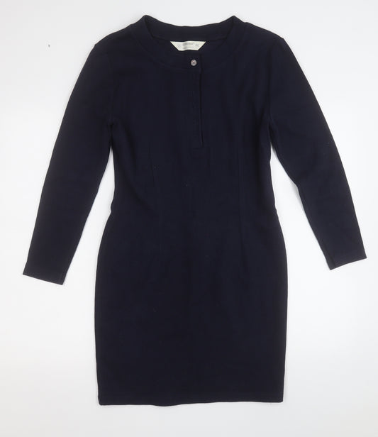 Front view of St Michael women’s blue polyester jumper dress, size UK 12, round neck button