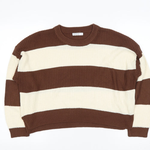 Stradivarius Womens Beige Round Neck Striped Acrylic Pullover Jumper Size S